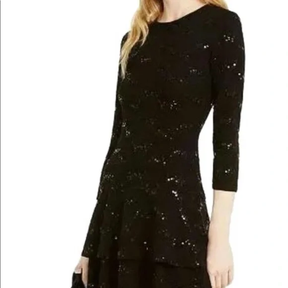Michael Kors Sequin Jacquard Tiered A Line Party Cocktail Dress Black Small